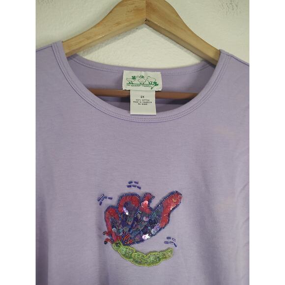 Quacker Factory Lilac Sequin Beaded Dragonfly Short Sleeve T-Shirt Size 2X - Picture 6 of 10